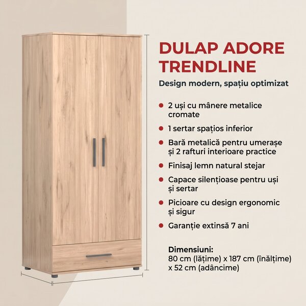 Dulap Haine Adore Trendline cu 2 usi si sertar, Stejar, 80x187x52 cm
