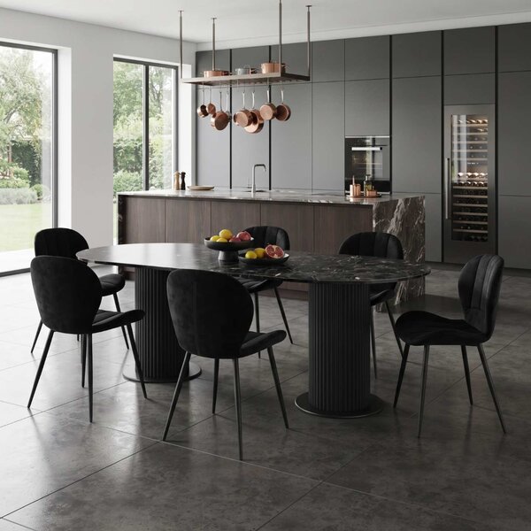 Set Masă Fixă Amara Slim Negru Marmorat cu 6 Scaune Topaz Negru, Tapițerie din Catifea, Picioare Metalice Negre, 180 × 90 × 75 cm