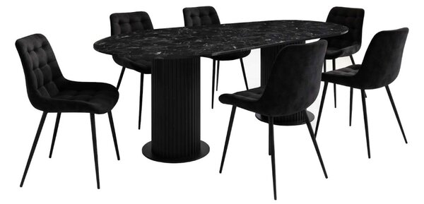 Set Masă Fixă Amara Slim Negru Marmorat cu 6 Scaune Onix Negru, Material Textil Catifelat, Picioare Metalice Negre, 180 × 90 × 75 cm