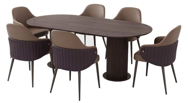 Set Masă Fixă Amara Slim Wenge cu 6 Scaune Riva Maro, Piele Sintetică, Picioare Metalice Negre, 180 × 90 × 75 cm