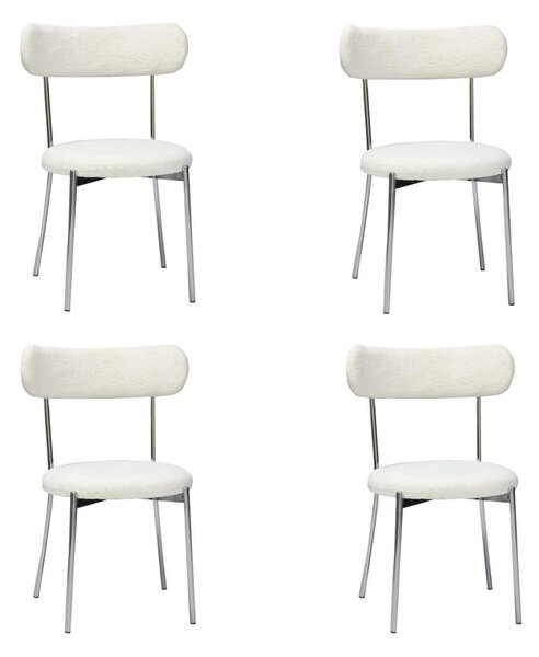 Set 4 Scaune Bucătărie Lana Alb, tapițate cu stofă boucle, picioare metalice crom, 83×53×43 cm