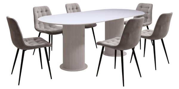 Set Masă Fixă Amara Slim Alb cu 6 Scaune Onix Gri Deschis, Material Textil Catifelat, Picioare Metalice Negre, 180 × 90 × 75 cm