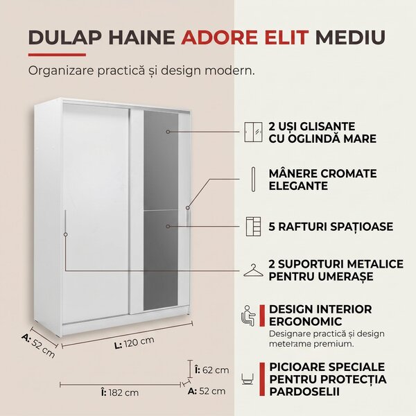 Dulap Haine Adore Elit Mediu, 2 usi glisante cu oglinda, Alb - Natur - Sonoma, 120x182x52 cm