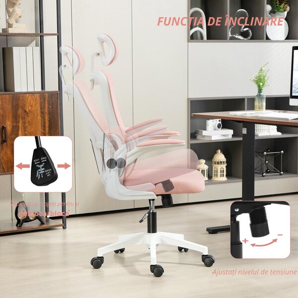 Vinsetto Scaun de Birou Ergonomic cu Tetieră Detașabilă Roz | Aosom Romania