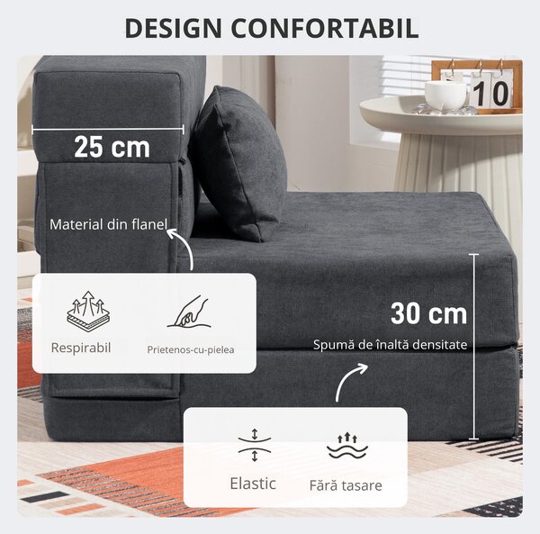 HOMCOM Fotoliu Pat Single Pliabil Modern, Fotoliu de Podea Compact Convertibil în Șezlong și Saltea, Pat pentru Living, Cameră de zi și Birou, 80x80x64 cm, Gri Închis | Aosom Romania