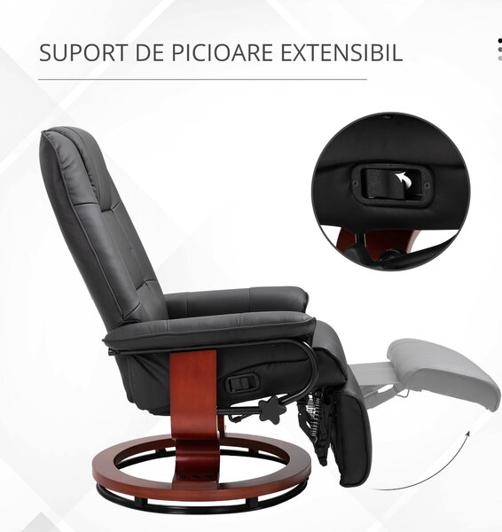 HOMCOM Fotoliu Rabatabil Manual 145° cu Suport pentru Picioare Imitație de Piele Negru | Aosom Romania