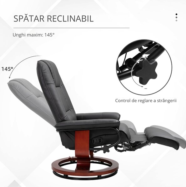 HOMCOM Fotoliu Rabatabil Manual 145° cu Suport pentru Picioare Imitație de Piele Negru | Aosom Romania