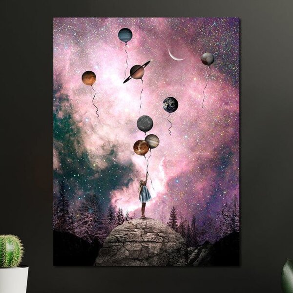 Tablou Canvas Premium, LuxCanva® K1017, Fetita si Planetele, Univers, Maini, Intinse, Planete, Cosmic, Stele, Ganduri, Dorinte, Emotie, Curaj, Sistem, Solar, Galaxii, Pastel, Camera Copii