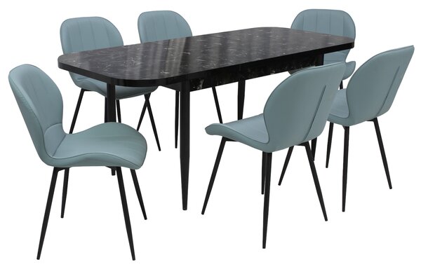 Set masă extensibilă Viena Negru cu 6 Scaune Piele Topaz Bleu