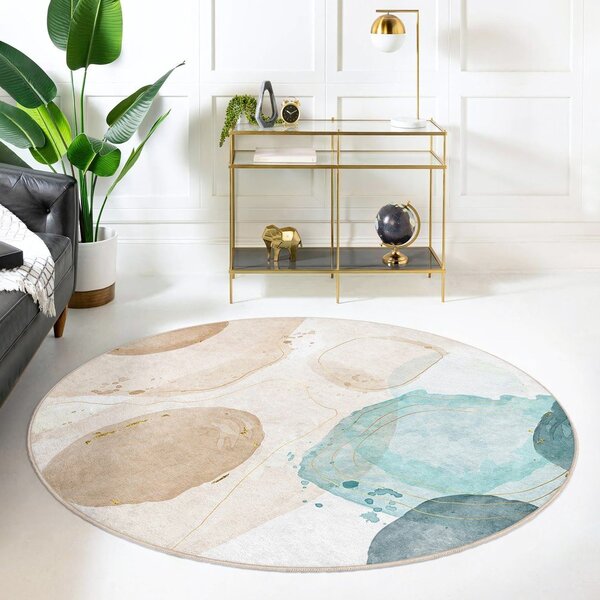 Covor albastru/bej lavabil rotund ø 100 cm Puddle – Mila Home