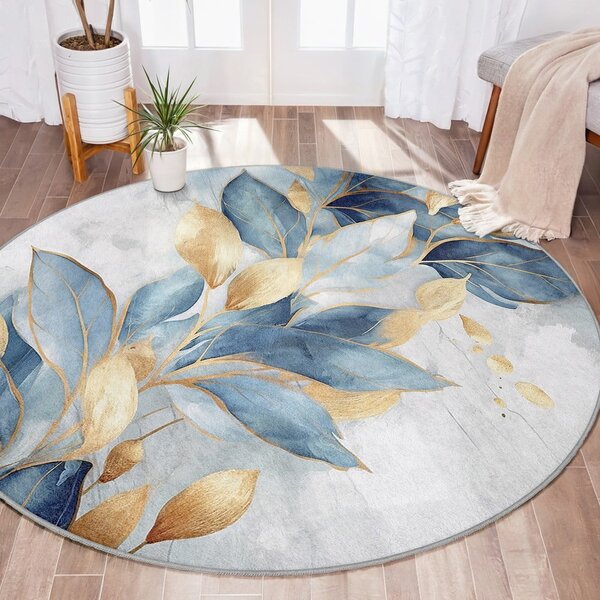 Covor albastru/auriu lavabil rotund ø 80 cm Golden Leaves – Mila Home
