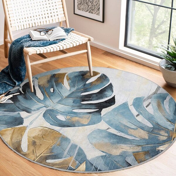 Covor albastru lavabil rotund ø 80 cm Golden Leaves – Mila Home