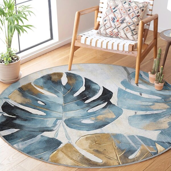 Covor albastru lavabil rotund ø 80 cm Golden Leaves – Mila Home