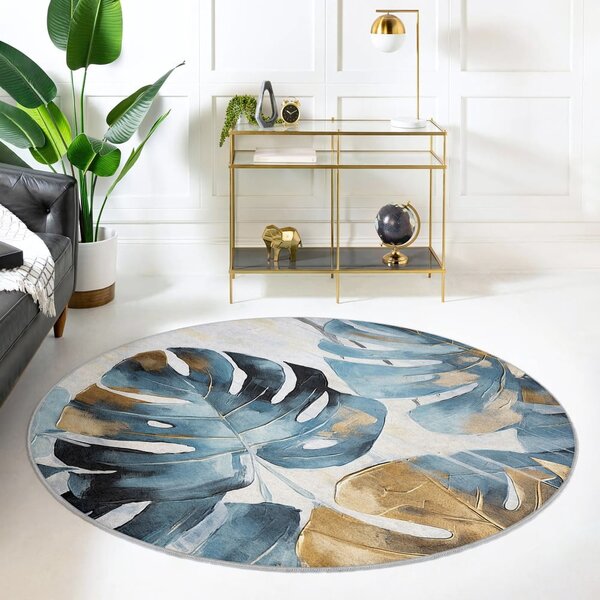 Covor albastru lavabil rotund ø 80 cm Golden Leaves – Mila Home