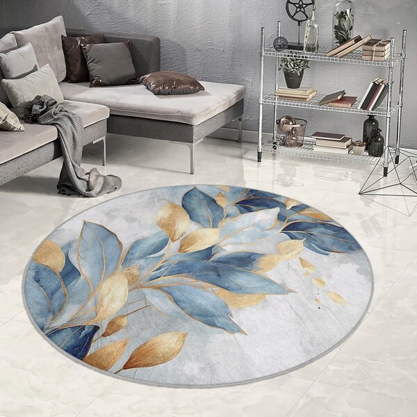 Covor albastru/auriu lavabil rotund ø 80 cm Golden Leaves – Mila Home