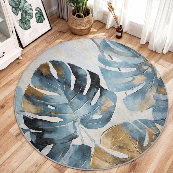 Covor albastru lavabil rotund ø 80 cm Golden Leaves – Mila Home