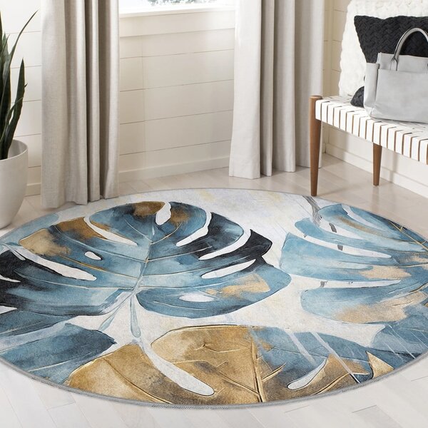 Covor albastru lavabil rotund ø 80 cm Golden Leaves – Mila Home