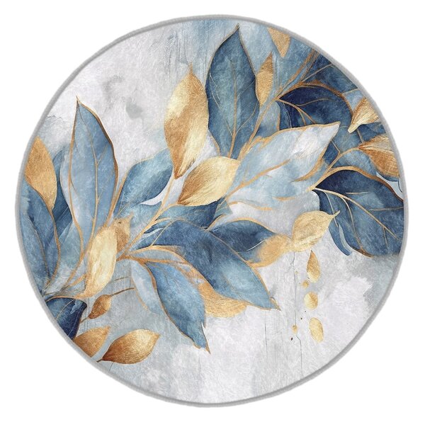 Covor albastru/auriu lavabil rotund ø 80 cm Golden Leaves – Mila Home