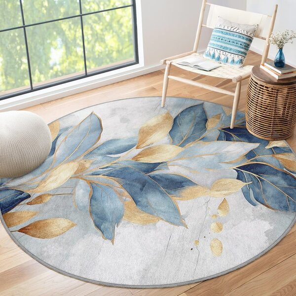 Covor albastru/auriu lavabil rotund ø 80 cm Golden Leaves – Mila Home