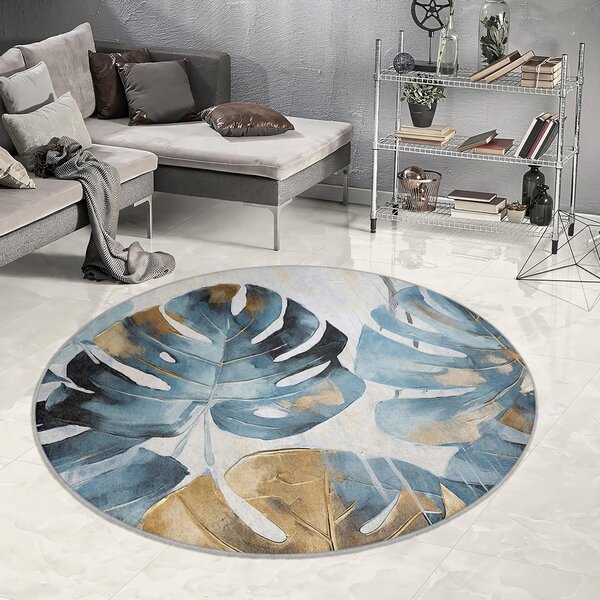 Covor albastru lavabil rotund ø 80 cm Golden Leaves – Mila Home