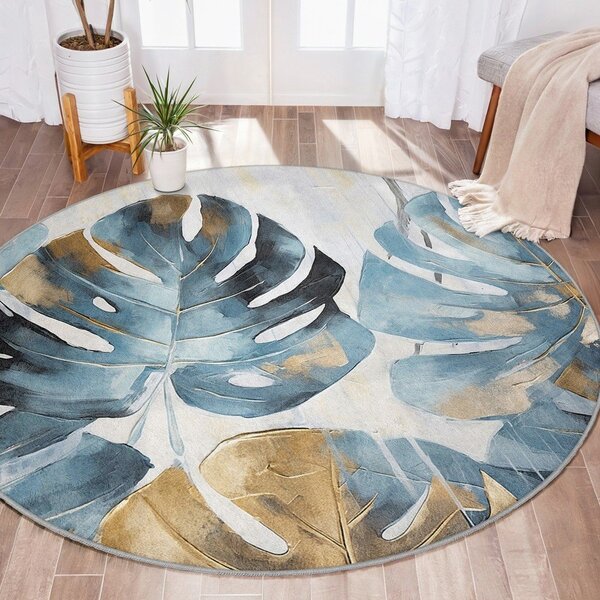 Covor albastru lavabil rotund ø 80 cm Golden Leaves – Mila Home