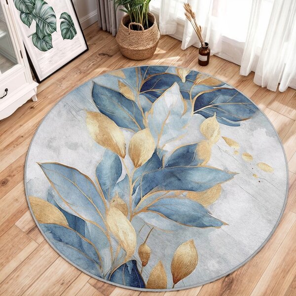 Covor albastru/auriu lavabil rotund ø 80 cm Golden Leaves – Mila Home