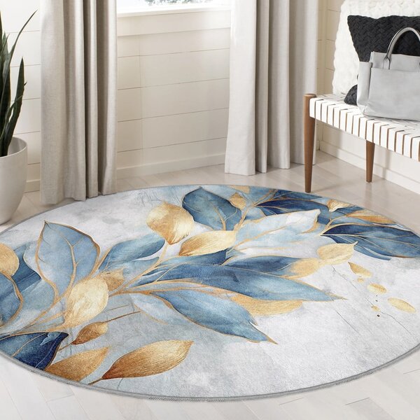 Covor albastru/auriu lavabil rotund ø 80 cm Golden Leaves – Mila Home
