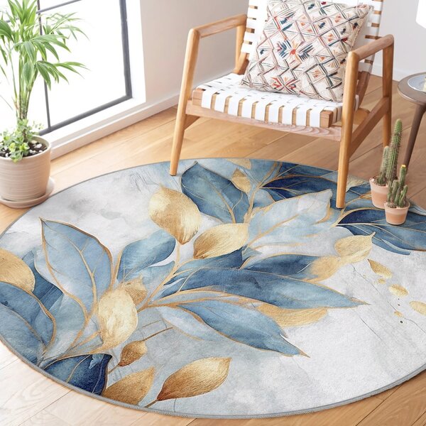 Covor albastru/auriu lavabil rotund ø 80 cm Golden Leaves – Mila Home