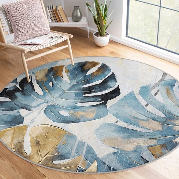 Covor albastru lavabil rotund ø 80 cm Golden Leaves – Mila Home