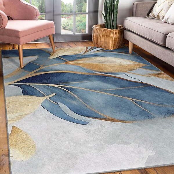 Covor albastru/auriu lavabil 80x150 cm Golden Leaves – Mila Home