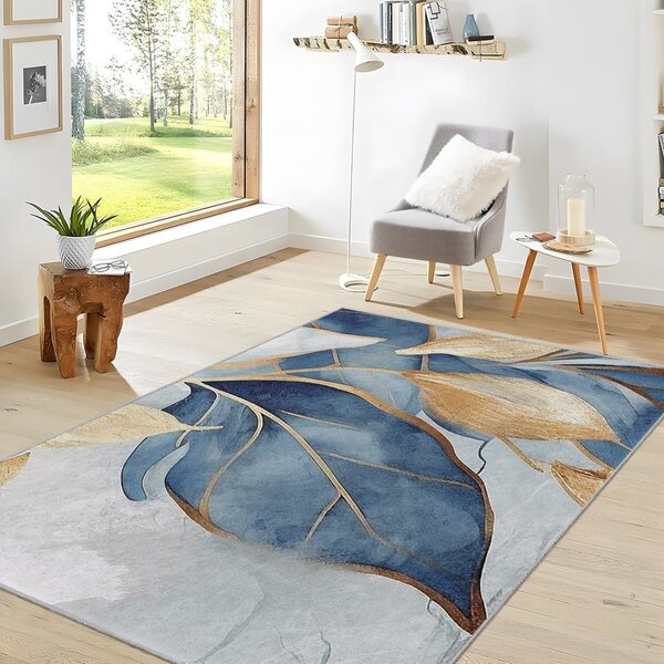 Covor albastru/auriu lavabil 80x150 cm Golden Leaves – Mila Home