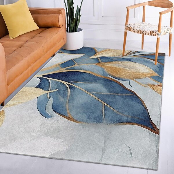 Covor albastru/auriu lavabil 80x150 cm Golden Leaves – Mila Home