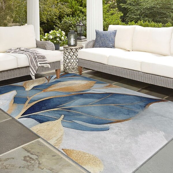 Covor albastru/auriu lavabil 80x150 cm Golden Leaves – Mila Home