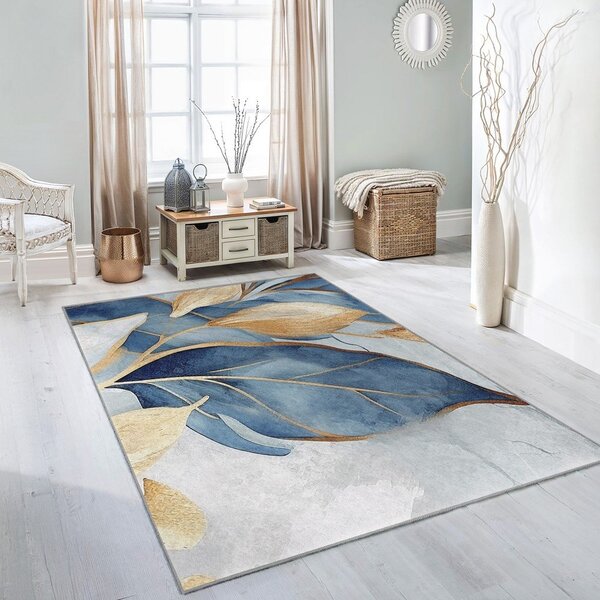 Covor albastru/auriu lavabil 80x150 cm Golden Leaves – Mila Home