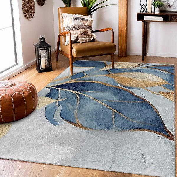 Covor albastru/auriu lavabil 80x150 cm Golden Leaves – Mila Home