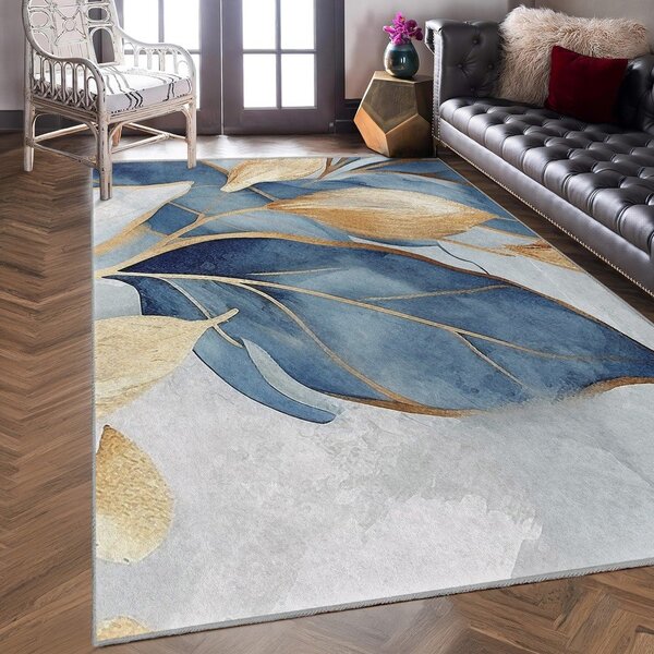 Covor albastru/auriu lavabil 80x150 cm Golden Leaves – Mila Home