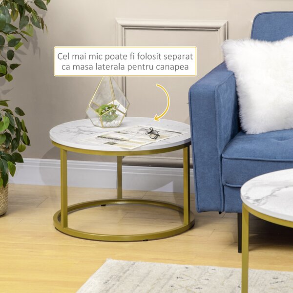 HOMCOM Set de 2 mese rotunde, set de masute de cafea stivuite cu cadru metalic pentru camera de zi, alb | Aosom Romania