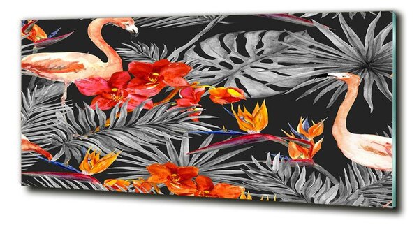 Tablou sticlă Flamingos și flori