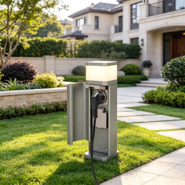 BRILAGI - Lampă de exterior cu 2 prize SCHUKO PILLAR 1xG9/11W/230V IP44 gri