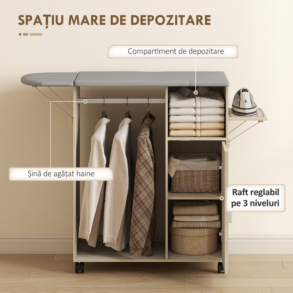 HOMCOM Dulap Masa Calcat – 3 Rafturi, Blat Burete & Ghidaj Rufe | Aosom Romania