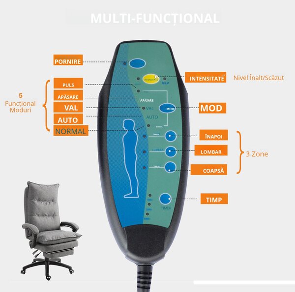 Scaun de birou ergonomic Vinsetto cu inclinare si masaj in 6 Puncte, inaltime reglabila, 70x62x120-130 cm, Gri | Aosom Romania