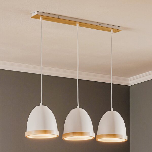 Eko-Light Lampă suspendată Studio cu decor din lemn, 3 becuri, alb, reglabil, Alb, Camera de zi / sufragerie, Metal, Modern