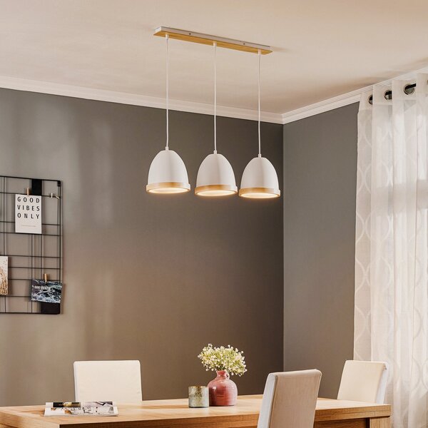 Eko-Light Lampă suspendată Studio cu decor din lemn, 3 becuri, alb, reglabil, Alb, Camera de zi / sufragerie, Metal, Modern