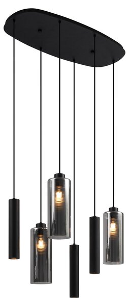 Lampă modernă pendant neagră cu sticlă fumuriu 6 lumini - Duplantis