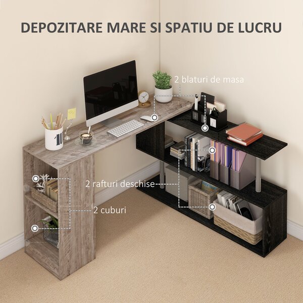 HOMCOM Birou de Colț cu Raft în Formă de S, Birou Modern din Lemn, 140x120x78 cm, Gri | Aosom Romania