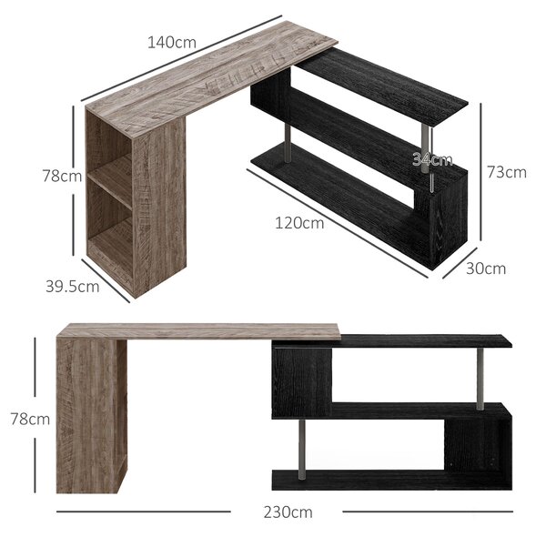 HOMCOM Birou de Colț cu Raft în Formă de S, Birou Modern din Lemn, 140x120x78 cm, Gri | Aosom Romania