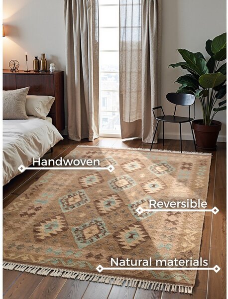 Covor albastru deschis-bej reversibil, țesut manual din lână 160x230 cm Kamal Dune – Nouristan