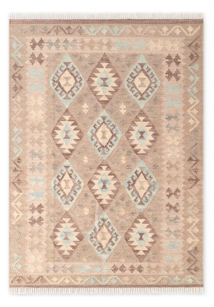 Covor albastru deschis-bej reversibil, țesut manual din lână 160x230 cm Kamal Dune – Nouristan