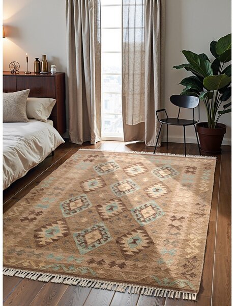 Covor albastru deschis-bej reversibil, țesut manual din lână 160x230 cm Kamal Dune – Nouristan
