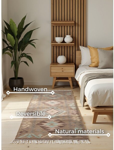 Covor tip traversă albastru deschis-bej reversibil, țesut manual din lână 60x190 cm Kamal Dune – Nouristan